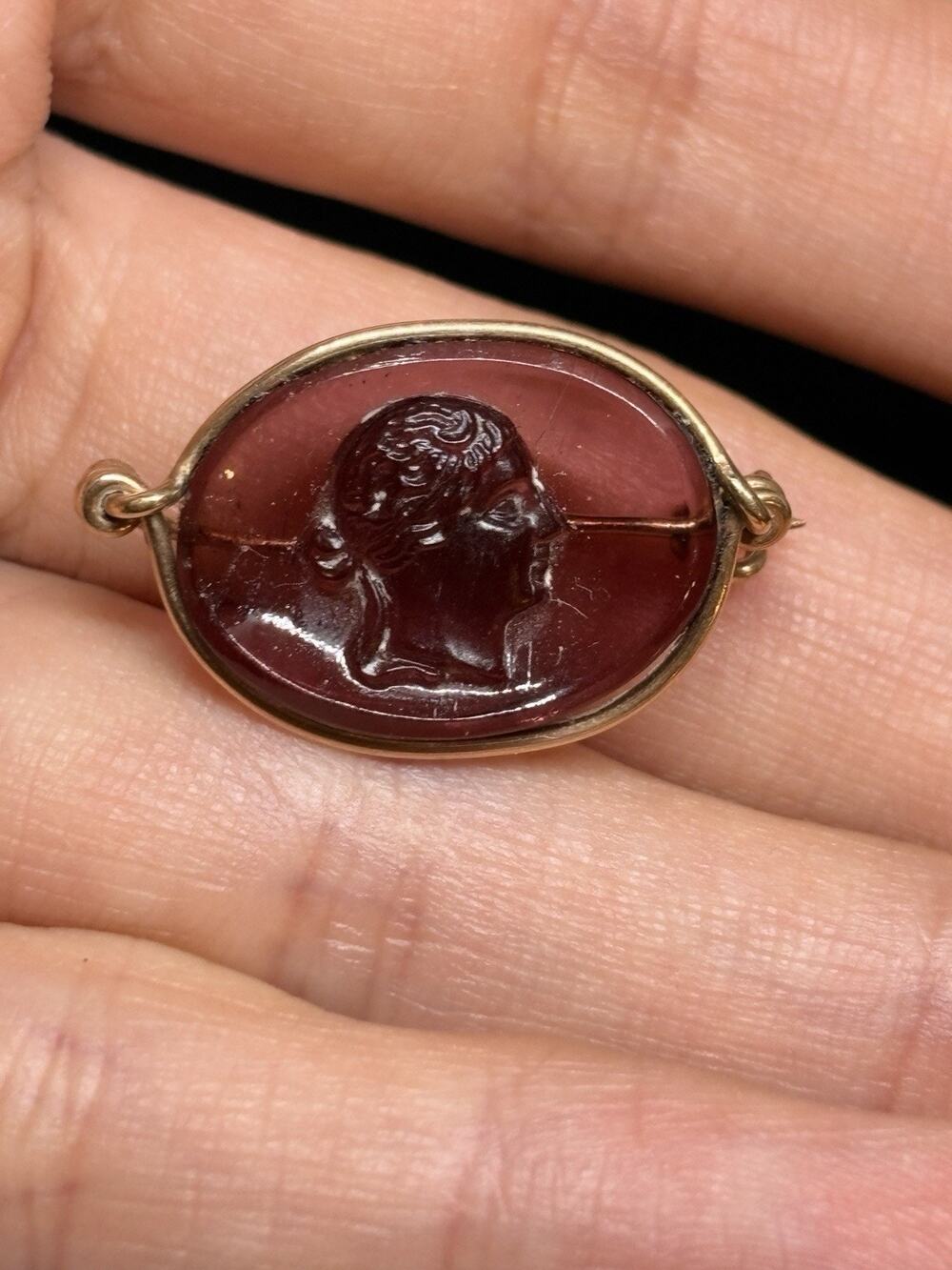 Vintage Victorian Gold Filled Glass Intaglio Goddess Cameo Purple Brooch Pin